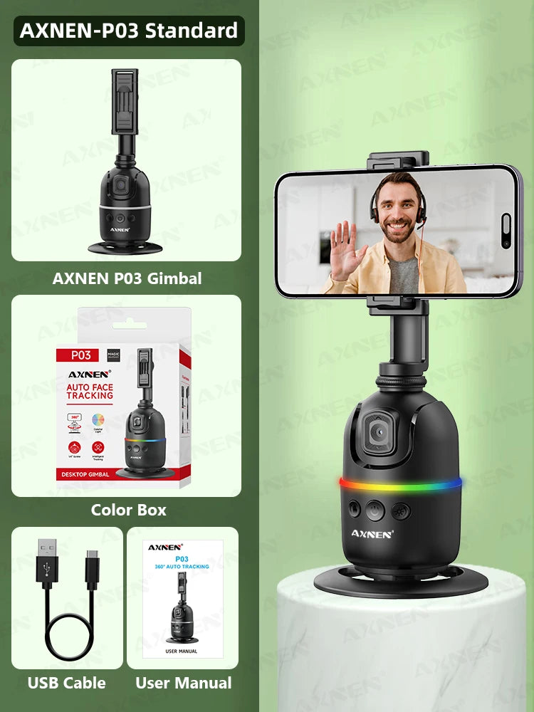 Stabilizzatore per telefono cellulare con gimbal con tracciamento facciale AI, supporto per selfie con rotazione automatica a 360° per iPhone 15 Pro Max Android, treppiede opzionale