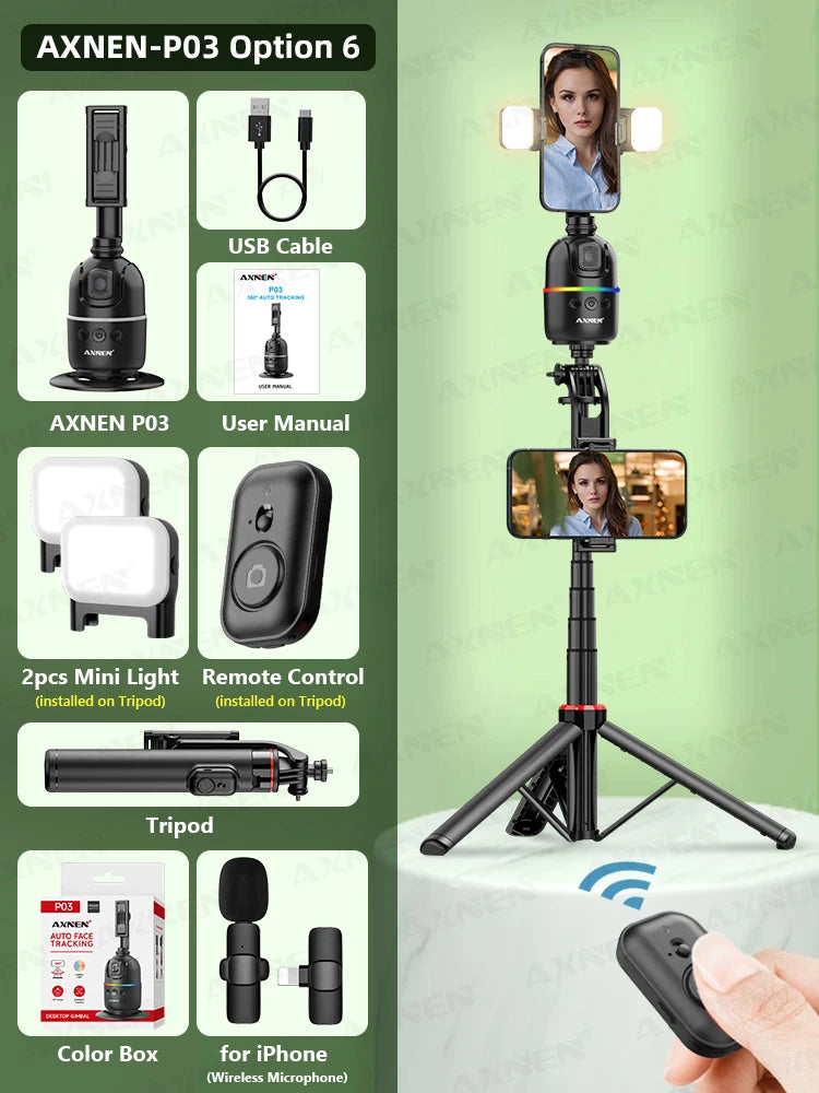 Stabilizzatore per telefono cellulare con gimbal con tracciamento facciale AI, supporto per selfie con rotazione automatica a 360° per iPhone 15 Pro Max Android, treppiede opzionale
