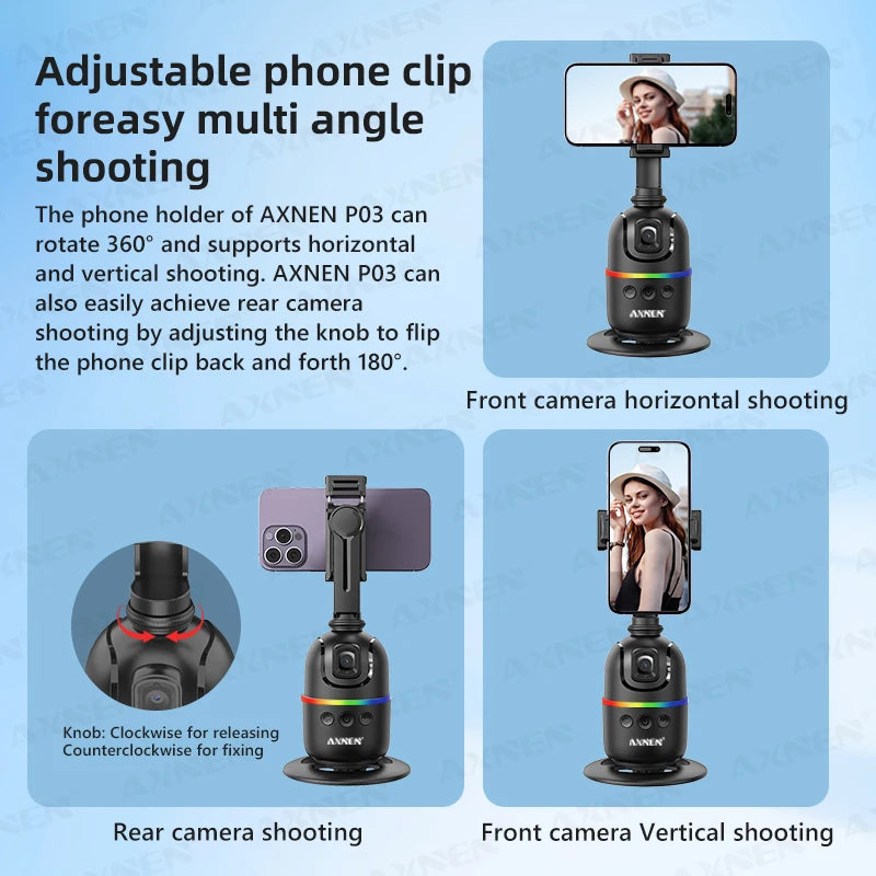 Stabilizzatore per telefono cellulare con gimbal con tracciamento facciale AI, supporto per selfie con rotazione automatica a 360° per iPhone 15 Pro Max Android, treppiede opzionale