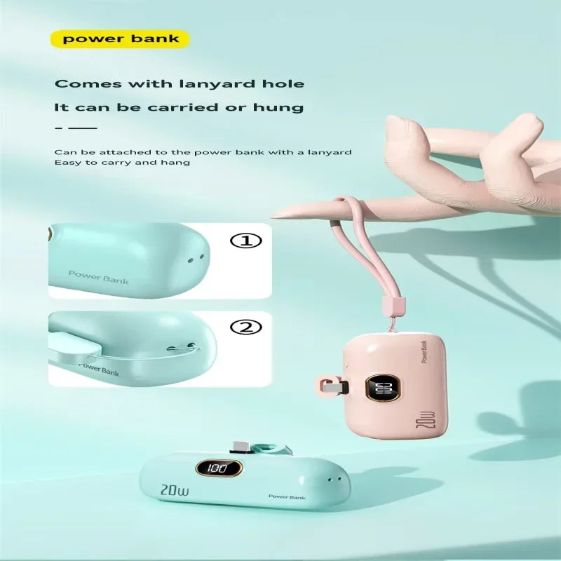 Mini Power Bank 30000mAh Cavo Integrato Caricabatterie Portatile per Cellulare Ricarica Rapida Batteria di Ricambio Capsula Power Bank per iPhone Tipo-C