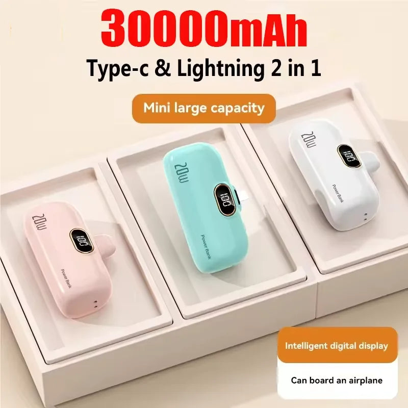 Mini Power Bank 30000mAh Cavo Integrato Caricabatterie Portatile per Cellulare Ricarica Rapida Batteria di Ricambio Capsula Power Bank per iPhone Tipo-C