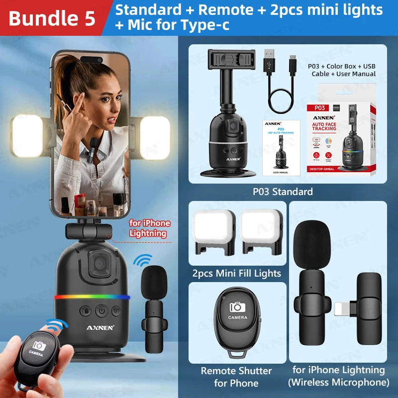 Supporto girevole intelligente per desktop con rilevamento automatico del viso per telefono cellulare - Opzione treppiede per smartphone con telecomando wireless per selfie