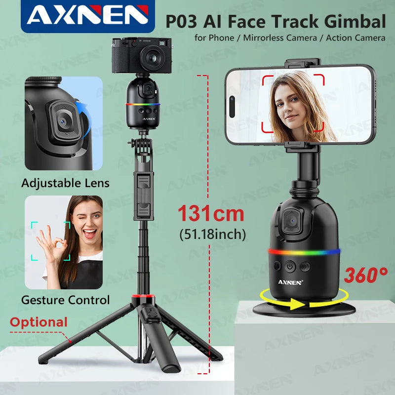 Stabilizzatore per telefono cellulare con gimbal con tracciamento facciale AI, supporto per selfie con rotazione automatica a 360° per iPhone 15 Pro Max Android, treppiede opzionale
