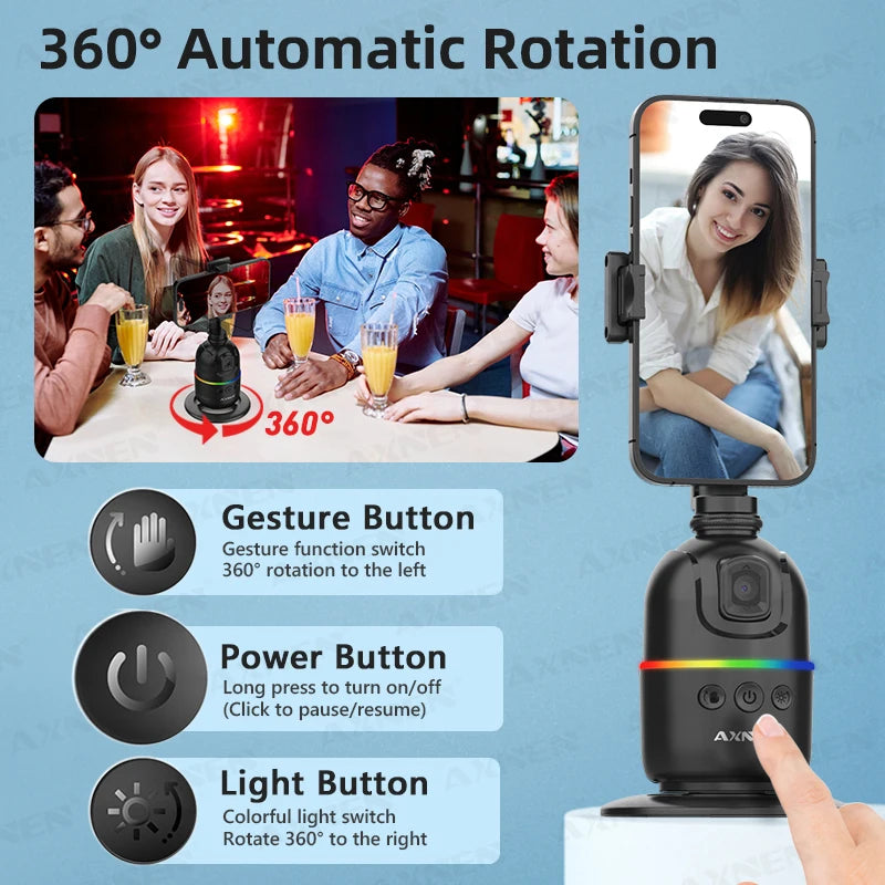 Stabilizzatore per telefono cellulare con gimbal con tracciamento facciale AI, supporto per selfie con rotazione automatica a 360° per iPhone 15 Pro Max Android, treppiede opzionale