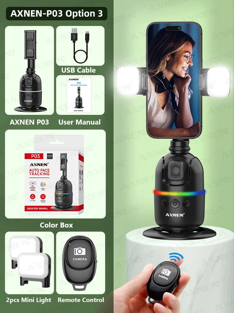 Stabilizzatore per telefono cellulare con gimbal con tracciamento facciale AI, supporto per selfie con rotazione automatica a 360° per iPhone 15 Pro Max Android, treppiede opzionale