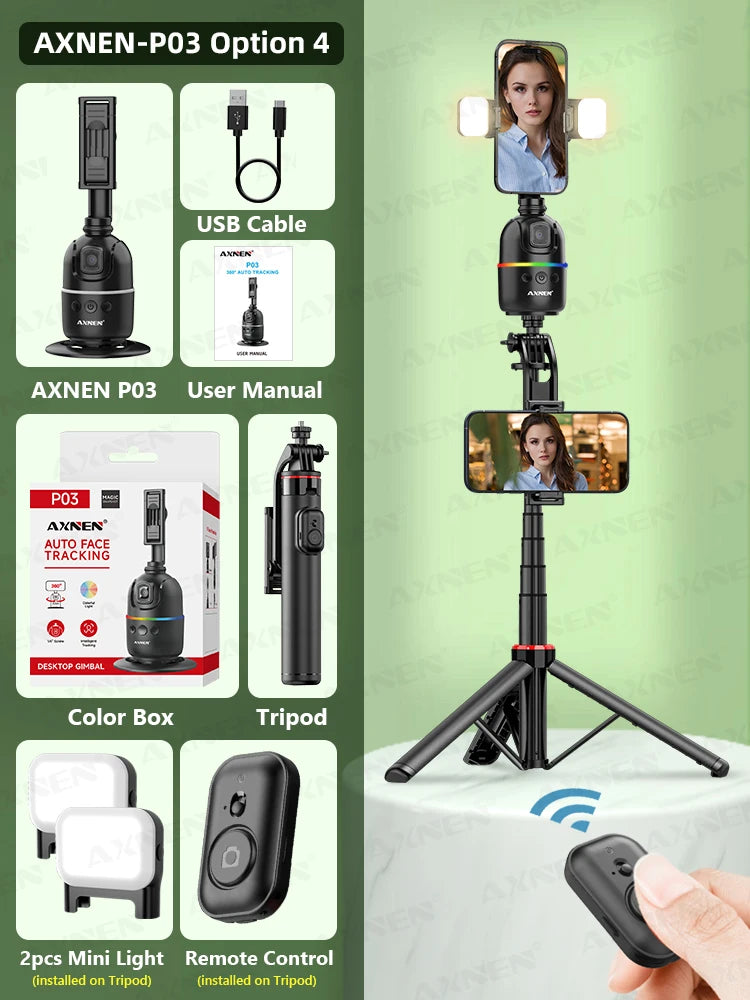 Stabilizzatore per telefono cellulare con gimbal con tracciamento facciale AI, supporto per selfie con rotazione automatica a 360° per iPhone 15 Pro Max Android, treppiede opzionale