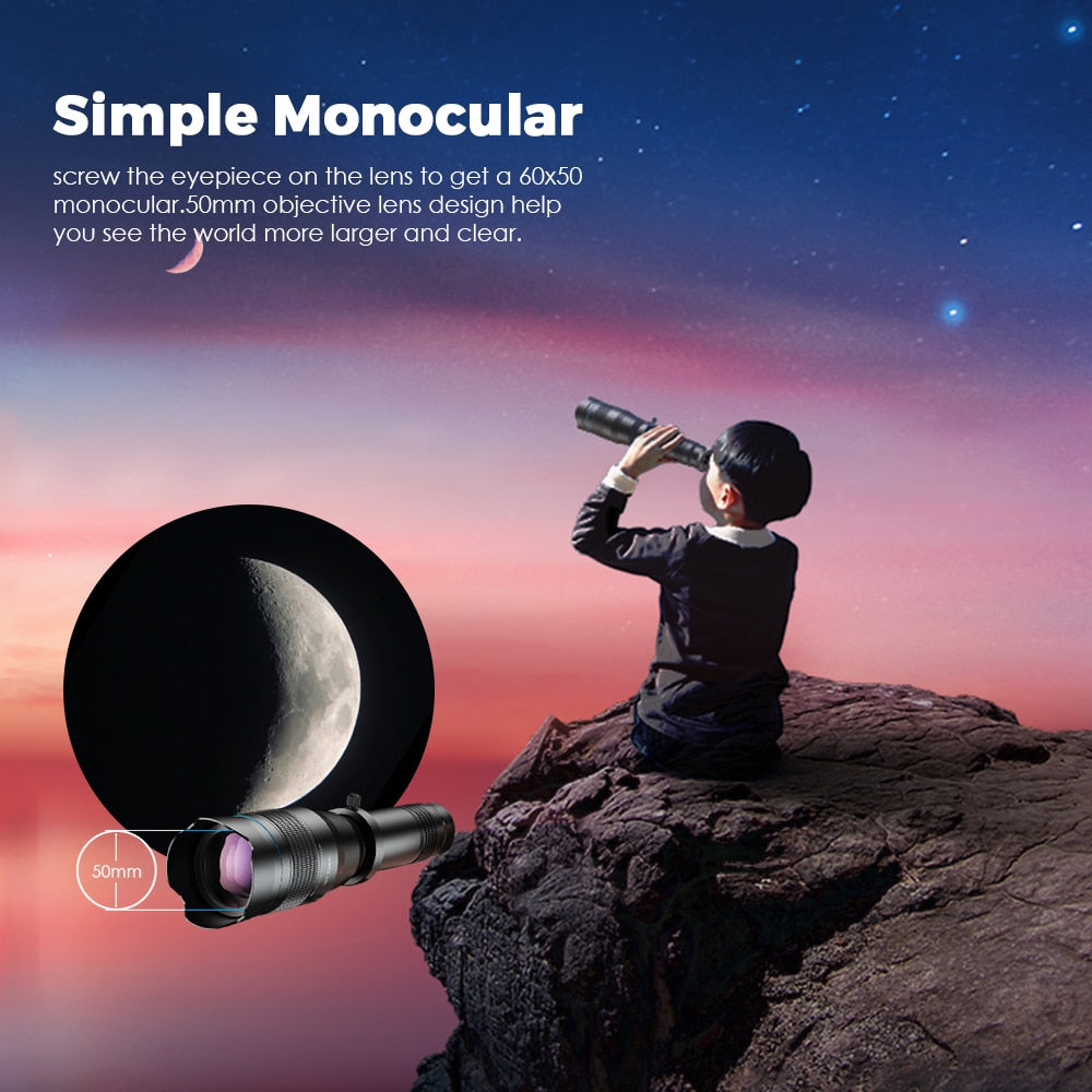 obiettivo per telefono fotocamera teleobiettivo telescopio monoculare + treppiedi con otturatore remoto per tutti gli smartphone