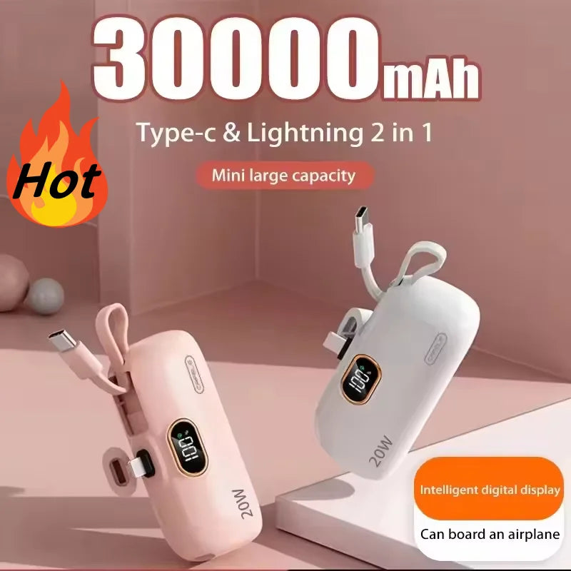 Mini Power Bank 30000mAh Cavo Integrato Caricabatterie Portatile per Cellulare Ricarica Rapida Batteria di Ricambio Capsula Power Bank per iPhone Tipo-C